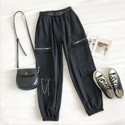 Casual γυναικείο παντελόνι με ζώνη και τσέπες - φαρδιά μοντέλο