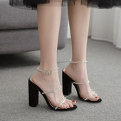 Κομψά γυναικεία παπούτσια με χοντρό ψηλό τακούνι με διακοσμιτικές πέτρες