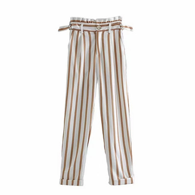 Γυναικείο ριγέ παντελόνι με ψηλή μέση και ζώνη