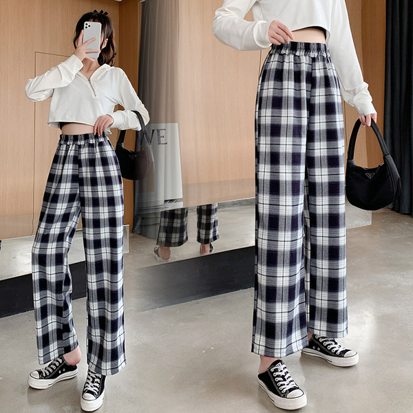 Női kockás nadrág magas derékkal - széles modell