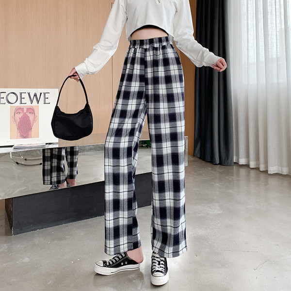 Női kockás nadrág magas derékkal - széles modell