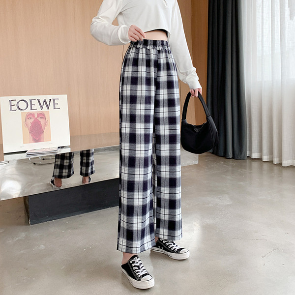 Női kockás nadrág magas derékkal - széles modell