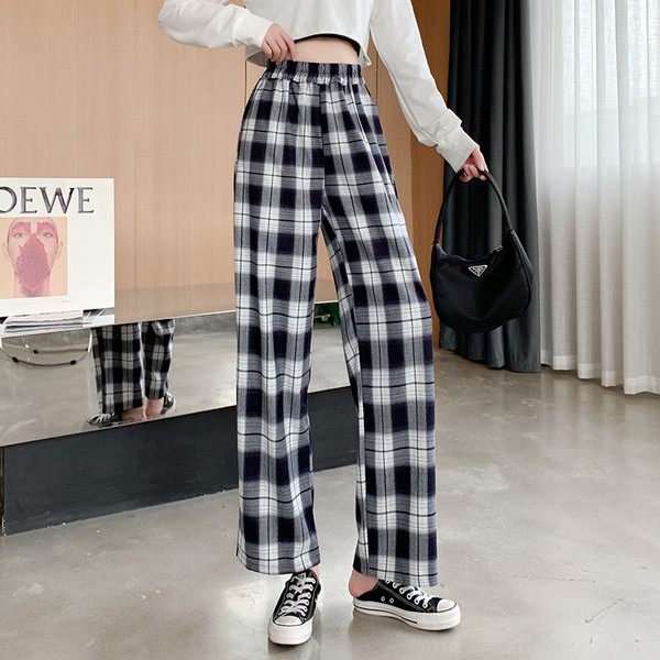 Női kockás nadrág magas derékkal - széles modell