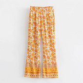 Női nadrág virágokkal és magas derékkal - egyenes modell