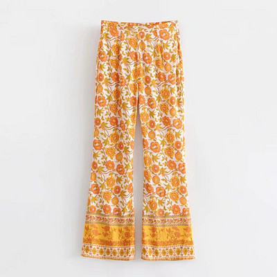 Női nadrág virágokkal és magas derékkal - egyenes modell