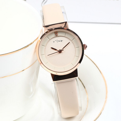 Γυναικείο ρολόι με λεπτό δερμάτινο λουράκι - στρογγυλό σχήμα