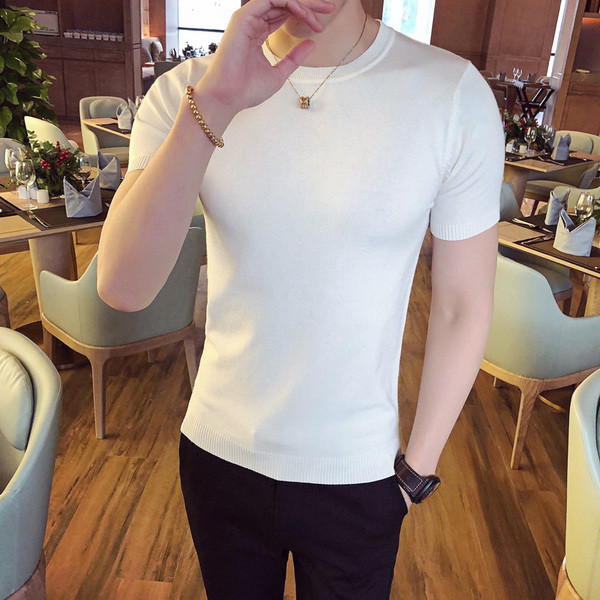Férfi blúz vékony kötésű sima modellből, rövid ujjal