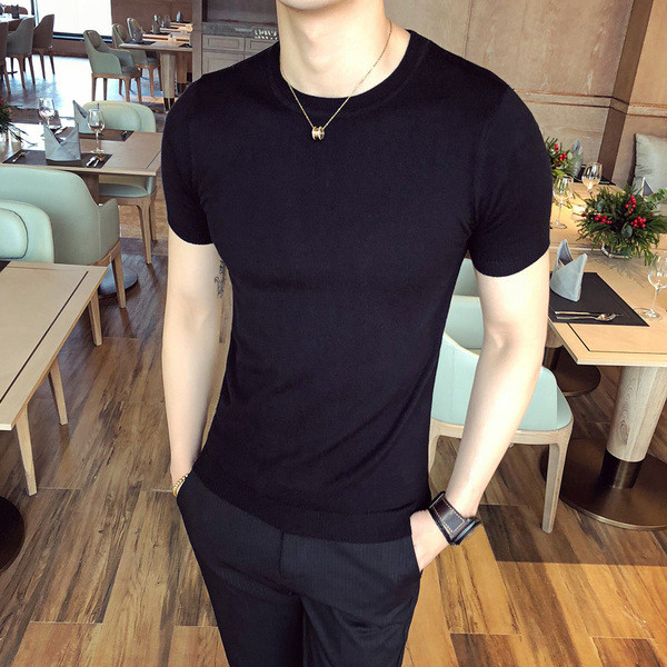 Férfi blúz vékony kötésű sima modellből, rövid ujjal