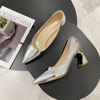 Μοντέρνα γυναικεία παπούτσια μυτερά με χοντρό τακούνι