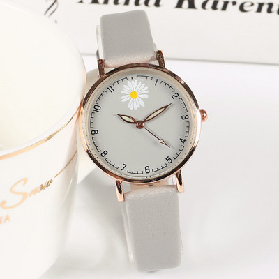 Γυναικείο ρολόι με δερμάτινο λουράκι και μαργαρίτα