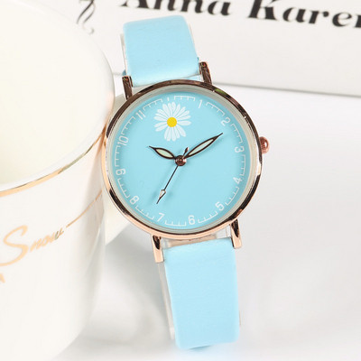 Γυναικείο ρολόι με δερμάτινο λουράκι και μαργαρίτα