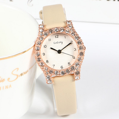 Γυναικείο κομψό ρολόι με διακοσμιτικές πέτρες και δερμάτινο λουράκι