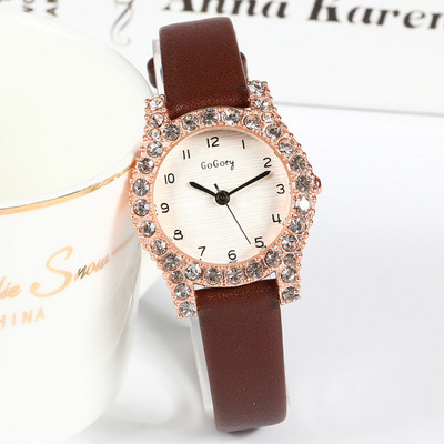 Γυναικείο κομψό ρολόι με διακοσμιτικές πέτρες και δερμάτινο λουράκι