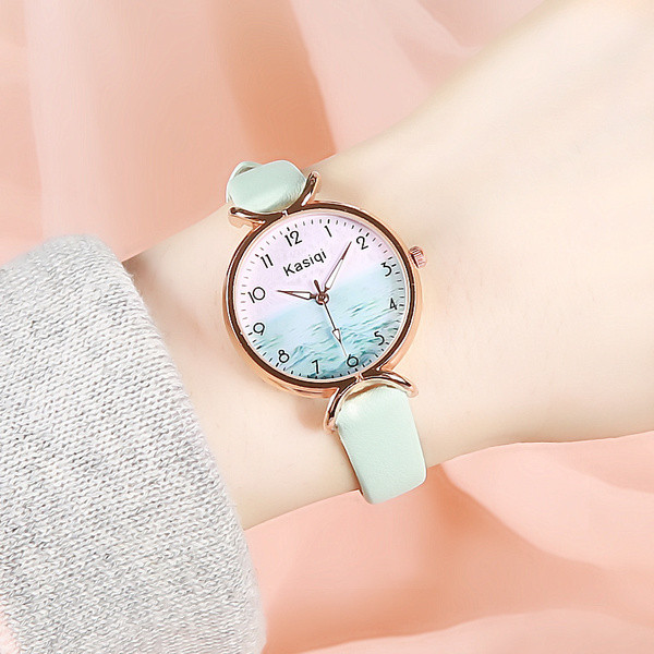 Γυναικείο ρολόι με λεπτό δερμάτινο λουράκι - στρογγυλό σχήμα