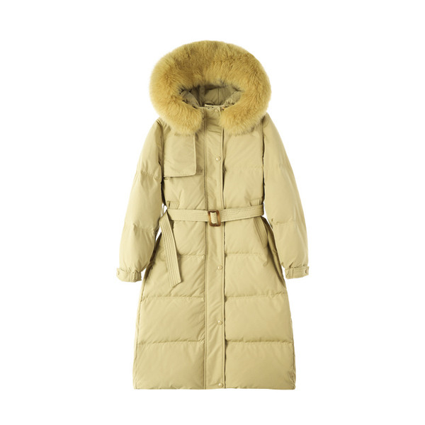 Hosszú női kabát övvel, kapucnival