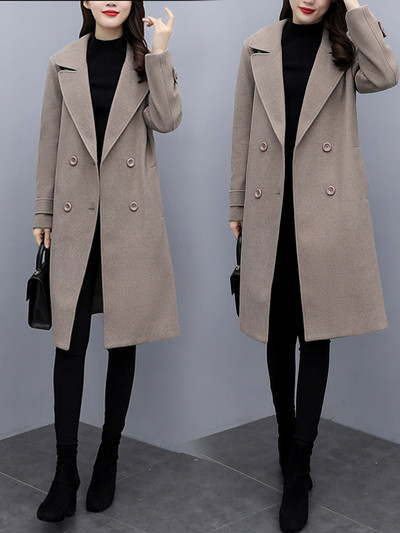 Класическо дамско палто с V-образна яка и копчета