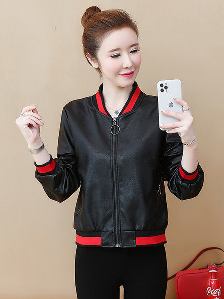 Női sportkabát eko bőrből, zsebekkel