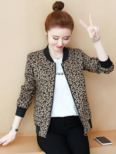 Ovaalse krae ja leopardimustriga naiste sügisjope
