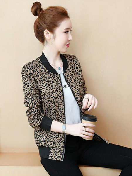 Ovaalse krae ja leopardimustriga naiste sügisjope