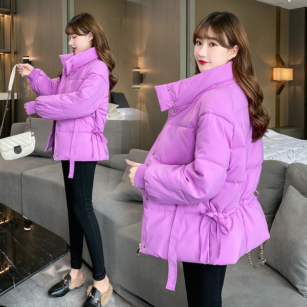 Νέο χειμερινό γυναικείο μπουφάν με υψηλό γιακά και κορδέλες
