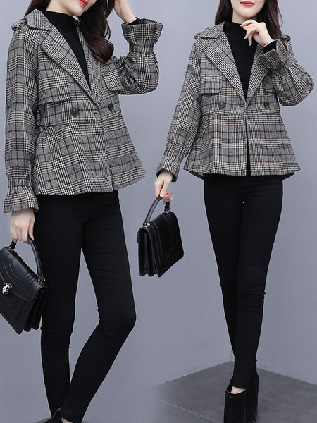 Κοντό καρό γυναικείο παλτό με ελαστική μέση
