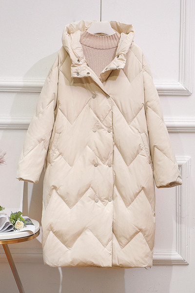 Új modell téli női kabát kapucnival és gombokkal