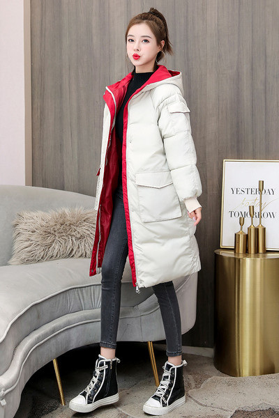 Női hosszú kabát kapucnival és zsebekkel