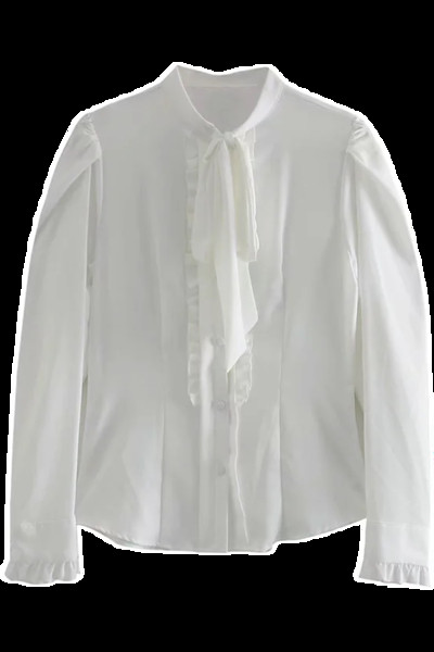 Γυναικείο πουκάμισο μοντέρνο με χαμηλό γιακά και κορδόνια σε λευκό χρώμα