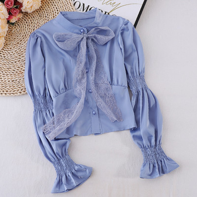 Casual γυναικείο πουκάμισο με κορδέλα, κουμπιά και μακριά μανίκια