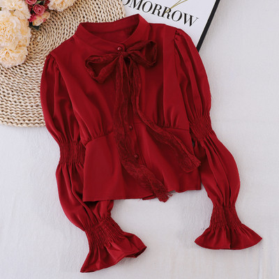 Casual γυναικείο πουκάμισο με κορδέλα, κουμπιά και μακριά μανίκια