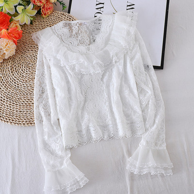 Casual γυναικείο πουκάμισο από δαντέλα με μακριά μανίκια και οβάλ ντεκολτέ