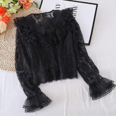 Casual γυναικείο πουκάμισο από δαντέλα με μακριά μανίκια και οβάλ ντεκολτέ