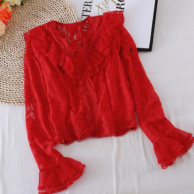 Casual γυναικείο πουκάμισο από δαντέλα με μακριά μανίκια και οβάλ ντεκολτέ