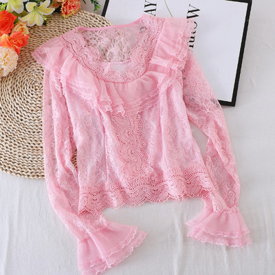 Casual γυναικείο πουκάμισο από δαντέλα με μακριά μανίκια και οβάλ ντεκολτέ