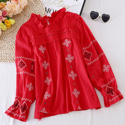 Γυναικείο πουκάμισο με κέντημα και ψηλό γιακά