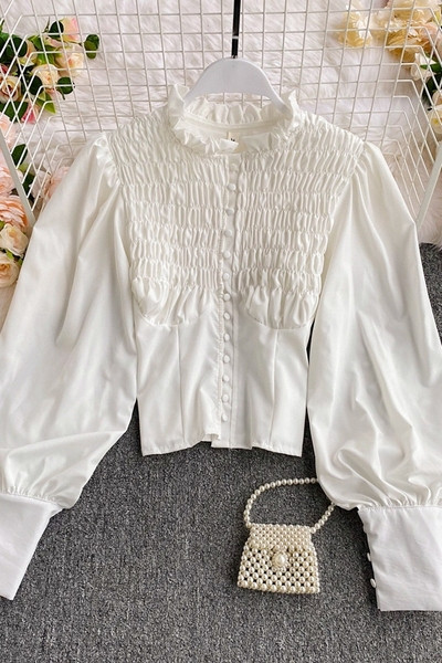 Moodne kõrge krae ja laiade varrukatega naiste särk