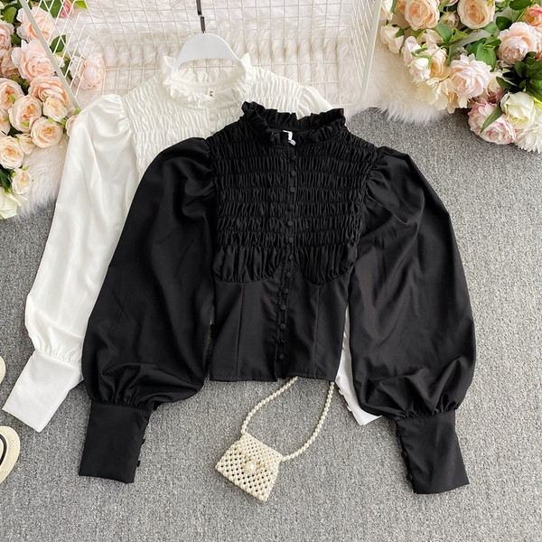 Moodne kõrge krae ja laiade varrukatega naiste särk