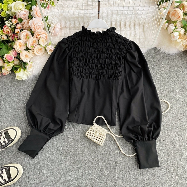 Moodne kõrge krae ja laiade varrukatega naiste särk