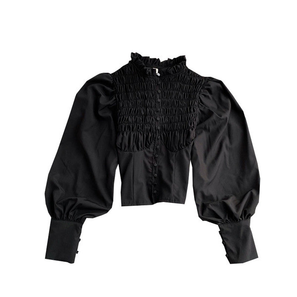 Moodne kõrge krae ja laiade varrukatega naiste särk