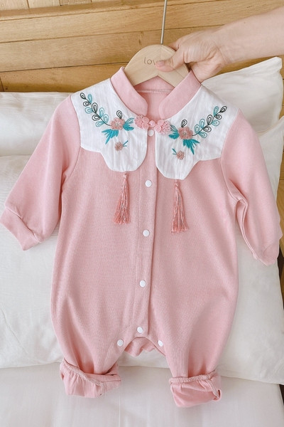 Rózsaszín baba kombiné lányoknak hosszú ujjal és hímzéssel