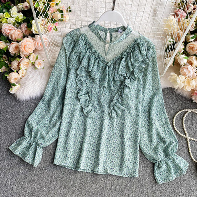 Γυναικείο πουκάμισο σιφόν με μακριά μανίκια και λουλουδάτο μοτίβο