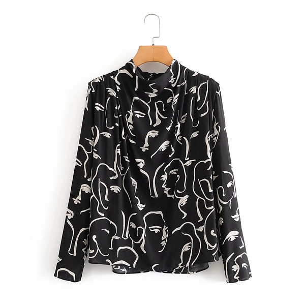 Uue mudeli mustriga ja kõrge kraega naiste särk musta värvi