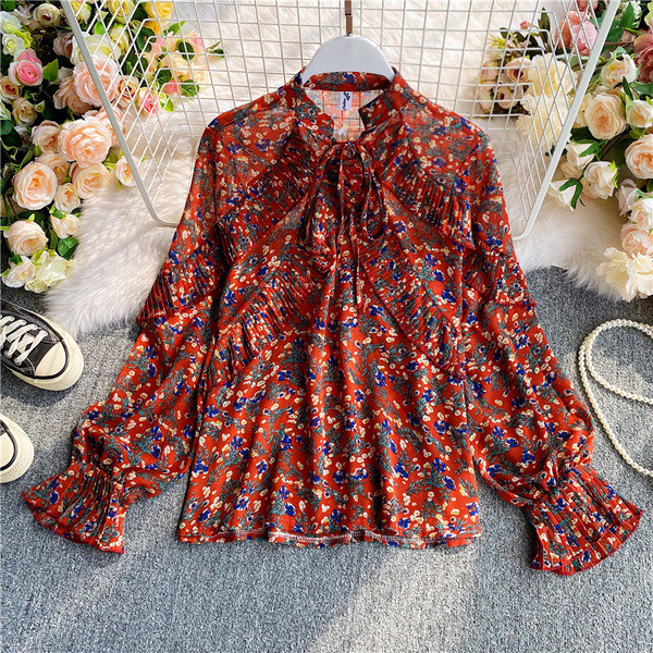 Γυναικείο casual πουκάμισο με λουλουδάτο μοτίβο και κορδέλα