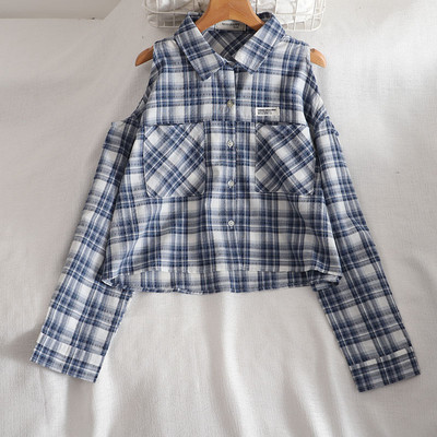 Γυναικείο πουκάμισο καρό με γυμνούς ώμους και κουμπιά