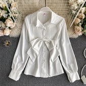 Modern női ing szalaggal és klasszikus gallérral gyöngy díszítéssel