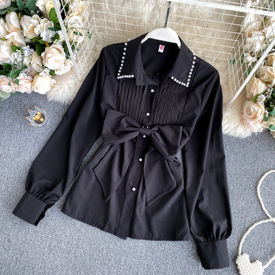Modern női ing szalaggal és klasszikus gallérral gyöngy díszítéssel