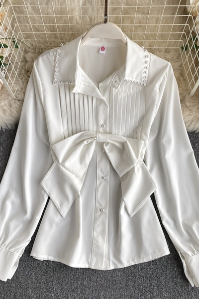 Modern női ing szalaggal és klasszikus gallérral gyöngy díszítéssel