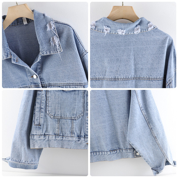 Modern női farmerdzseki zsebekkel, szakadt elemekkel