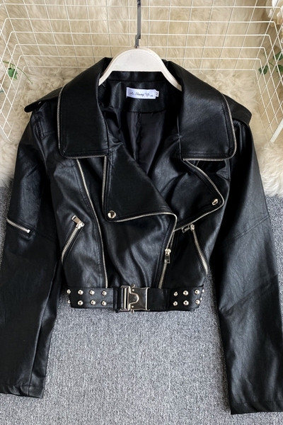 UUS Mudel naiste lühike nahktagi, musta värvi lukkude ja vööga