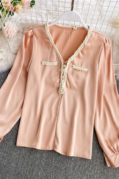 Női alkalmi ing spitz nyakkivágással és hosszú ujjal